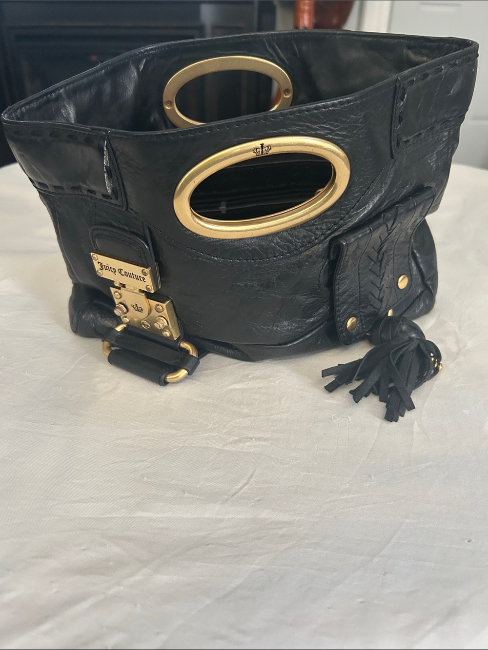 Juicy Couture Black Leather Wristlet Tote with Gold Accents Clutch Purse 13X9”